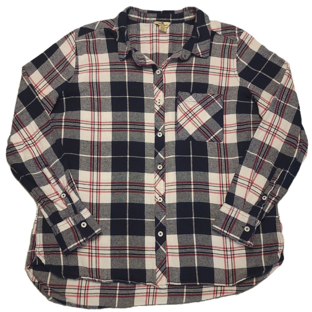 Woolrich Women's XL  Shirt Button Down Navy White Red Plaid Cotton Flannel